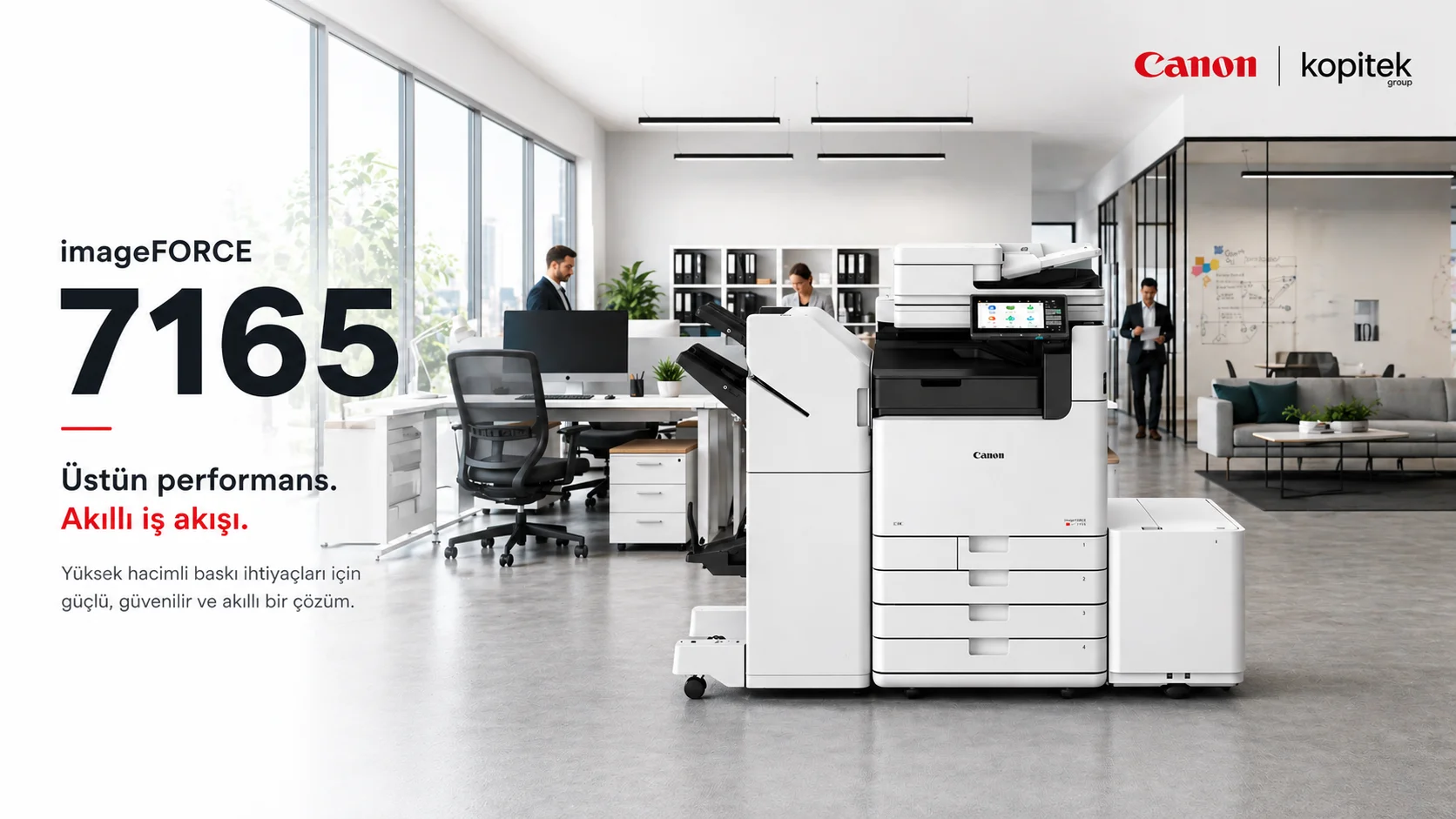 Modern ofis ortamında Canon fotokopi makinesi kullanımı, profesyonel kiralama ve teknik servis hizmetleri