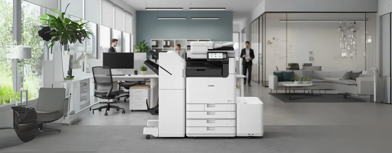 Modern ofis ortamında Canon fotokopi makinesi kullanımı, profesyonel kiralama ve teknik servis hizmetleri