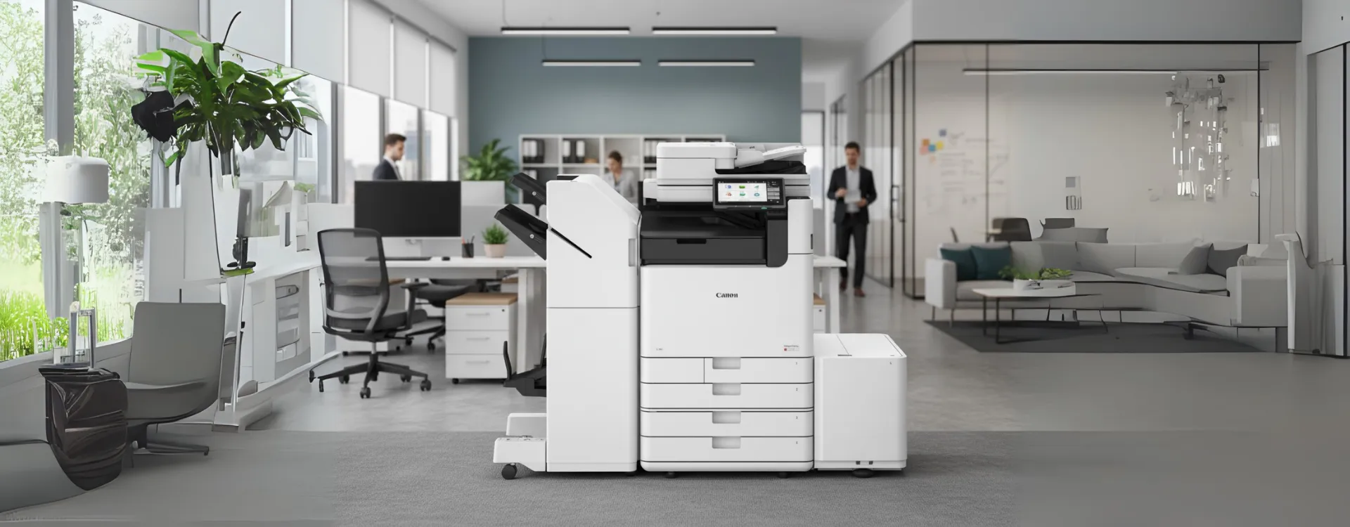 Modern ofis ortamında Canon fotokopi makinesi kullanımı, profesyonel kiralama ve teknik servis hizmetleri